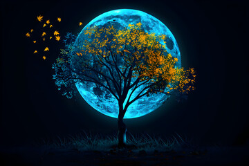 Blue neon tree with glowing leaves under harvest moon isotated on black background.