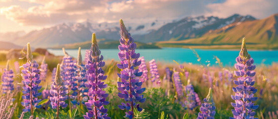 Landscape of blooming lupin flowers on mountains and turquoise lake background at sunset
