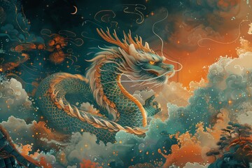 Fototapeta na wymiar Chinese dragon illustration in sky with soft celestial clouds