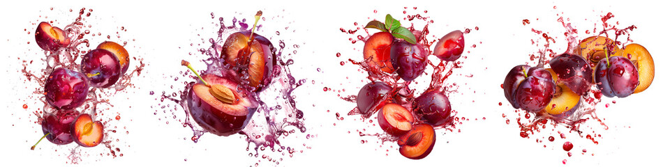 Set of plums exploding and bursting into pieces with juice splatters in different directions, isolated on a white or transparent background. Fruit explosion, plums juice splashes, side view