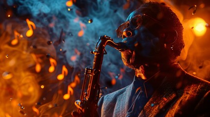 Fiery Rhythms: Jazz Saxophonist Engulfed in Mesmerizing Flames of Melody