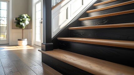 a black modern handrail, featuring flat profiles and a wooden oak handrail, adorning a contemporary...
