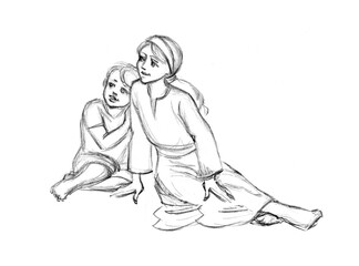 Fototapeta na wymiar Pencil drawing. Jesus and children
