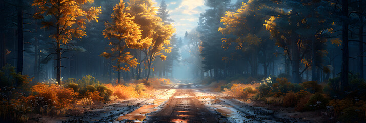 Crossroads two different directions concept,
A road in the woods with the sun shining on it
 - obrazy, fototapety, plakaty