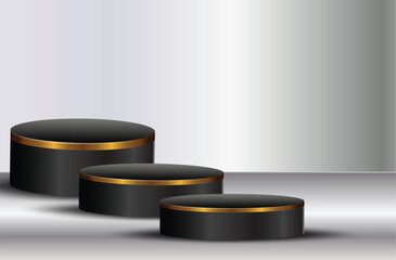 Luxurious 3d studio space with black and gold circle pedestal podium and glitter. Luxury podium 