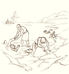 Pencil drawing. A man who escaped ashore after a shipwreck