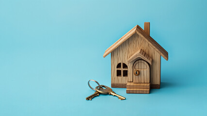 A wooden house figurine with a key next to it, symbolizing homeownership, new rental, or visualizing the concept of moving into a new home. Minimalism. Blue background and studio photography.