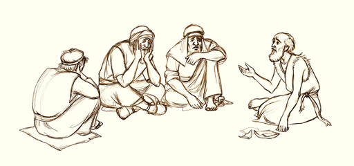 Pencil drawing. A beggar asks for alms