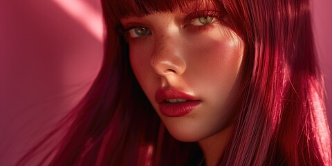 Fashion Model with Glossy Magenta Hair and Matching Makeup