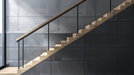a black modern handrail, featuring flat profiles and a wooden oak handrail, adorning a contemporary staircase in a room with the entire stairs visible, showcasing modern design at its finest. - obrazy, fototapety, plakaty