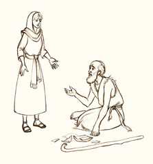 Pencil drawing. Job's wife complains about God