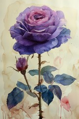 Purple Rose Watercolor Illustration with Stem and Flower Bud Generative AI