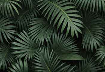 A background of dark green palm leaves 