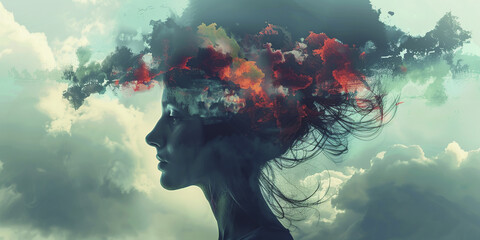 Conceptual image of superimposing a female face with the sky - obrazy, fototapety, plakaty