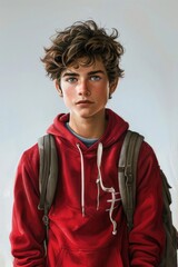 Fototapeta na wymiar A boy with curly hair and blue eyes, wearing a red hoodie and a backpack.