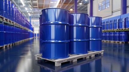 Blue barrel drum on the pallets contain liquid chemical in warehouse prepare for delivery to customer by made to order. Manufacture of chemicals production. Oil and chemical industrial works concept.	 - obrazy, fototapety, plakaty