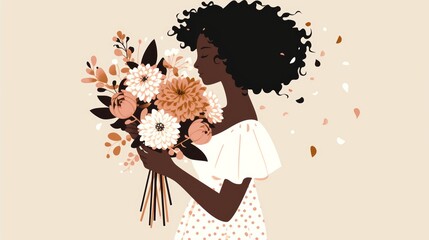 Affirmation Card Illustration: Mixed-Race Woman with Dahlia Bouquet Generative AI