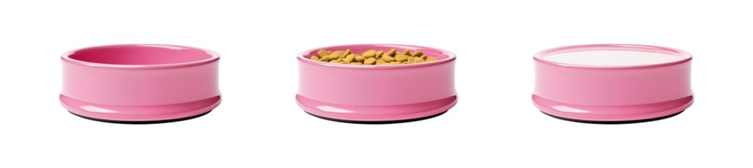 Pink Pet bowl set. Empty bowl. Bowl with food portion. Bowl with water. Dog meal and drink. Cat meal and drink. Isolated transparent PNG background. 3D dog bowl. or cat bowl. 