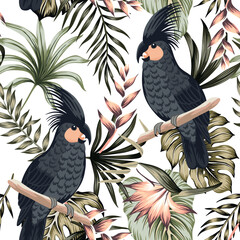 Tropical vintage palm leaves, pink flower, black parrot floral seamless pattern white background. Exotic jungle wallpaper. - 777677508