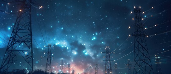 Power Transmission with Night Sky Full of Bright Stars - obrazy, fototapety, plakaty