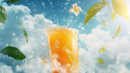 Orange juice poured out of the cup with leaf and clouds