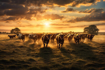 Rebanho de gado bovino correndo livremente no campo ao ao pôr do sol 