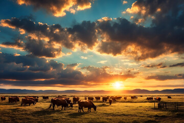 Rebanho de gado bovino pastando livremente no campo ao ao pôr do sol 