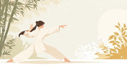 Obraz na płótnie Canvas Asian Woman Practicing Tai Chi Under Bamboo Tree Illustration Generative AI