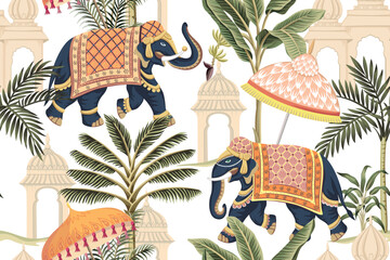 Indian elephant with umbrella, palm trees and architecture seamless pattern. Oriental vintage wallpaper