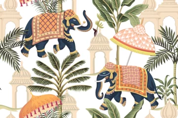 Wall murals Height scale Indian elephant with umbrella, palm trees and architecture seamless pattern. Oriental vintage wallpaper