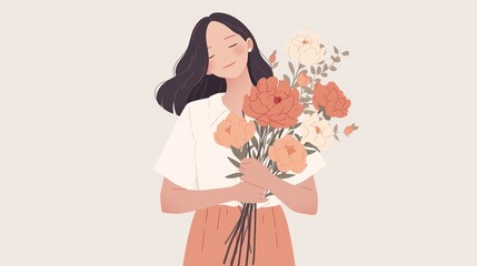 Serene Illustration of an Asian Woman with Peonies Generative AI