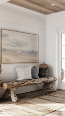 a serene entryway adorned with a driftwood bench, nautical artwork, and beachy accents, capturing the essence of seaside charm.