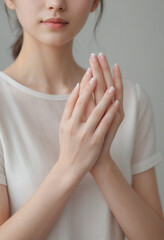 hands of young women indoors. The slender and tender white hands look very delicate