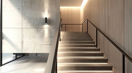 a black modern handrail, featuring flat profiles and a wooden oak handrail, adorning a contemporary...