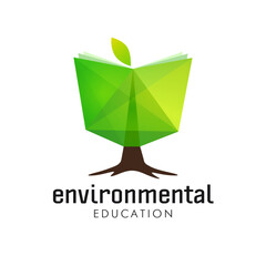 Environmental educatioation logo concept. Creative green book. Tree icon. Isolated elements. Educational sign. Green energy exploration symbol. Stained glass open notebook. Web banner design.