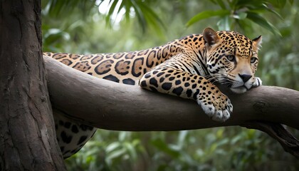 A-Jaguar-With-Its-Tail-Wrapped-Around-A-Tree-Branc- - obrazy, fototapety, plakaty