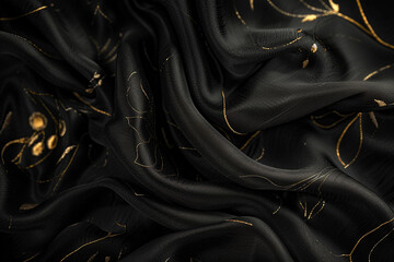 Black luxury cloth, silk satin velvet, with floral shapes, gold threads.