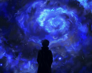 Silhouette anime character standing cosmic swirl blue galaxy illustration