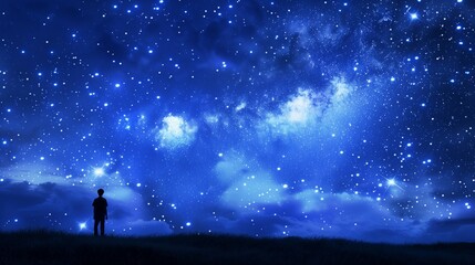 Lone boy standing field gazing starry night sky stars nebulous clouds illustration