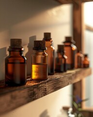 Holistic health essential oils on a shelf, soft backlight, closeup, natural wellness , high detailed