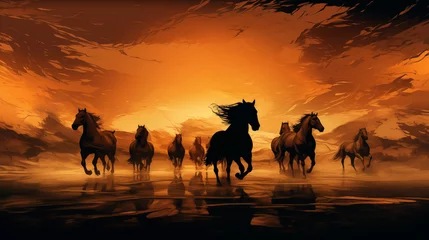 Plexiglas foto achterwand silhouettes against a golden canvas. Horses, guardians of open spaces, breathe life into the landscape © Hasnain Arts