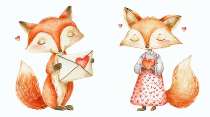 A pair of foxes holding envelopes with hearts