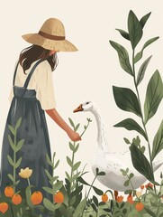 Tranquil Nature Illustration: Woman Nurturing Plants with Loyal Goose Companion Generative AI