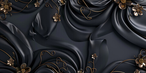 Black luxury cloth, silk satin velvet, with floral shapes, gold threads. - obrazy, fototapety, plakaty