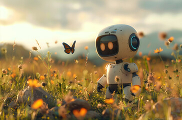 A little cute robot lost in a summer field, exploring nature with curiosity and being surprised by a butterfly.