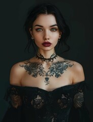 Beautiful young woman with tattoos. Fashion woman with creative style. Modern fashion portrait of bold girl with make-up, dark dress
