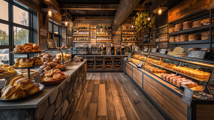 Cozy Artisan Bakery Interior with Fresh Baked Goods on Display