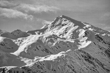 Snow covered mountains: black and white landscape