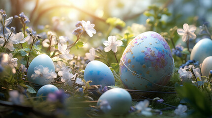 Fototapeta na wymiar easter eggs in the grass, Springtime magic captured in a single frame--a cluster of dainty Easter eggs surrounded by lush greenery and delicate blooms. The light blue setting exudes tranquility.