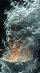 A womans face is shown in a painting with smoke and fire surrounding her. The painting has a surreal and dreamlike quality to it, with the smoke and fire creating a sense of chaos and confusion.
